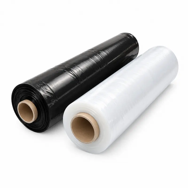 Black poly sheeting and clear pallet wrap rolls for protecting and securing goods in storage and transit